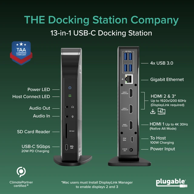 Alt view image 2 of 7 - USB-C Triple Monitor Docking Station, 13-in-1, 100W Charging Laptop Dock for Mac (DisplayLink Driver Required), Windows, Chrome, 3 HDMI, Gigabit Ethernet, SD, USB-C 20W, 4 USB, UD-ULTCDL