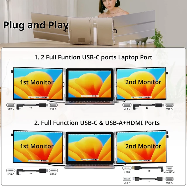 Alt view image 5 of 7 - Laptop Screen Extender, 14" FHD 1200P Portable Triple Monitor for 13"-17" Laptops, Aluminum Alloy Stand, Compatible with MacOS/Windows/Chrome