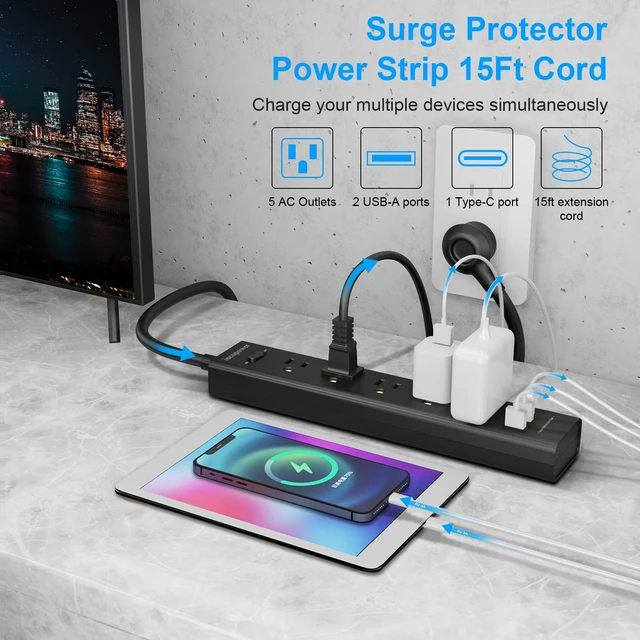 Alt view image 2 of 7 - Surge Protector Power Strip 15 ft Cord-5 Outlets 3 USB Ports 1 USB C Port,Power Strip Long Cord(1250W/10A),700J,Power Strips with Surge Protection,(2 Pack)