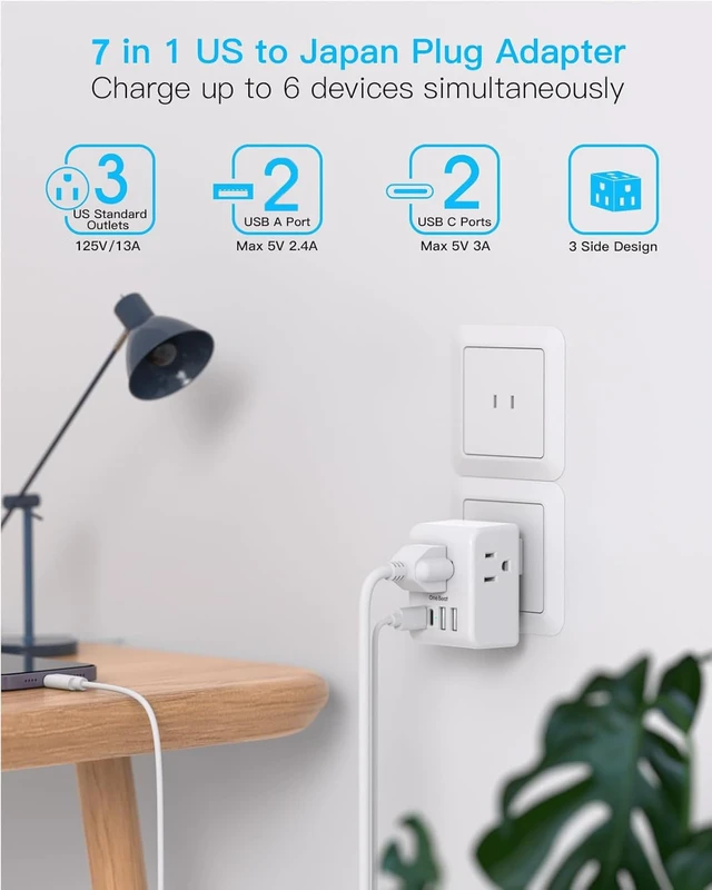 Alt view image 3 of 7 - 2 Pack US to Japan Plug Adapter, 2 Prong to 3 Prong Outlet Adapter 3 Outlets 4 USB Ports(2 USB C), Type A Travel Plug Adapter Power Converter for USA to Japanese Philippines Canada Mexico Peru