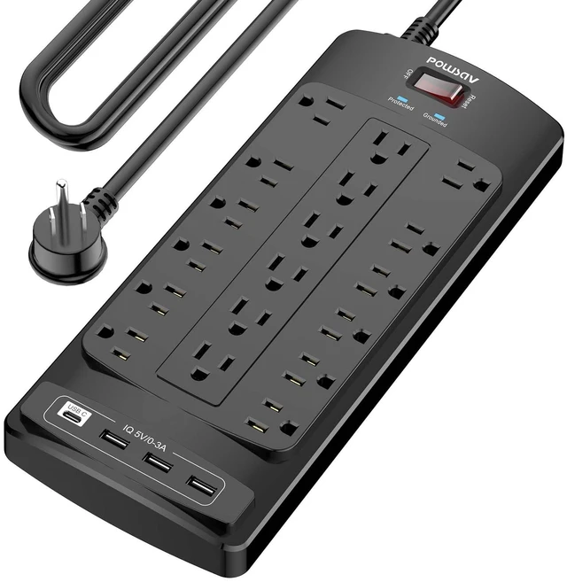 Main image of 18 Outlets Surge Protector Power Strip - 15 Feet Flat Plug Heavy Duty Extension Cord with 18 Widely Outlets and 4 USB Ports, 2100 Joules, Black, ETL Listed