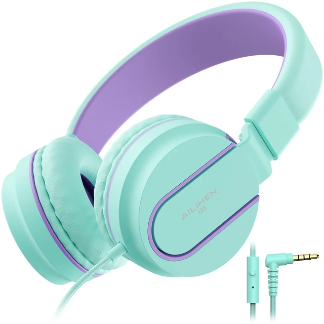 Main image of I35 Kids Headphones for School with Mic, 93dB Volume, Green Purple Wired On Ear Headphones for Girls Boys, 3.5mm Foldable Lightweight for Classroom Chromebook, Laptop, Computer, Tablet