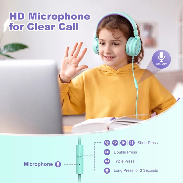 Alt view image 3 of 7 - I35 Kids Headphones for School with Mic, 93dB Volume, Green Purple Wired On Ear Headphones for Girls Boys, 3.5mm Foldable Lightweight for Classroom Chromebook, Laptop, Computer, Tablet