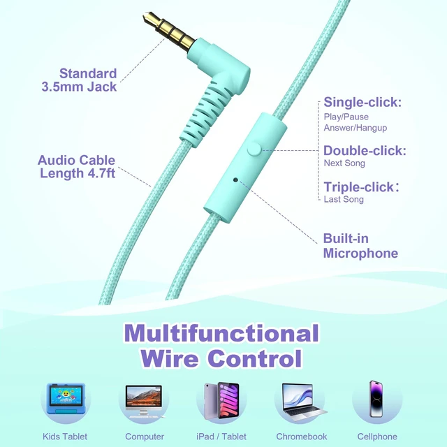 Alt view image 4 of 7 - I35 Kids Headphones for School with Mic, 93dB Volume, Green Purple Wired On Ear Headphones for Girls Boys, 3.5mm Foldable Lightweight for Classroom Chromebook, Laptop, Computer, Tablet