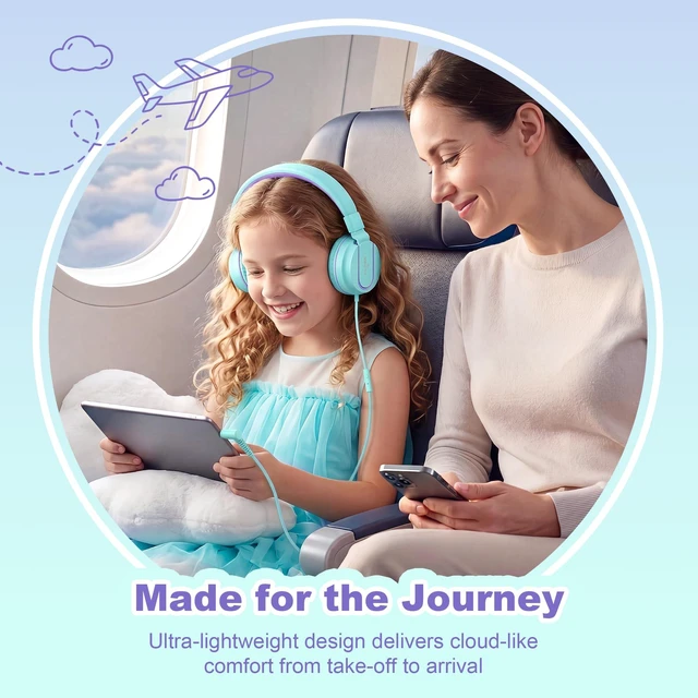 Alt view image 5 of 7 - I35 Kids Headphones for School with Mic, 93dB Volume, Green Purple Wired On Ear Headphones for Girls Boys, 3.5mm Foldable Lightweight for Classroom Chromebook, Laptop, Computer, Tablet