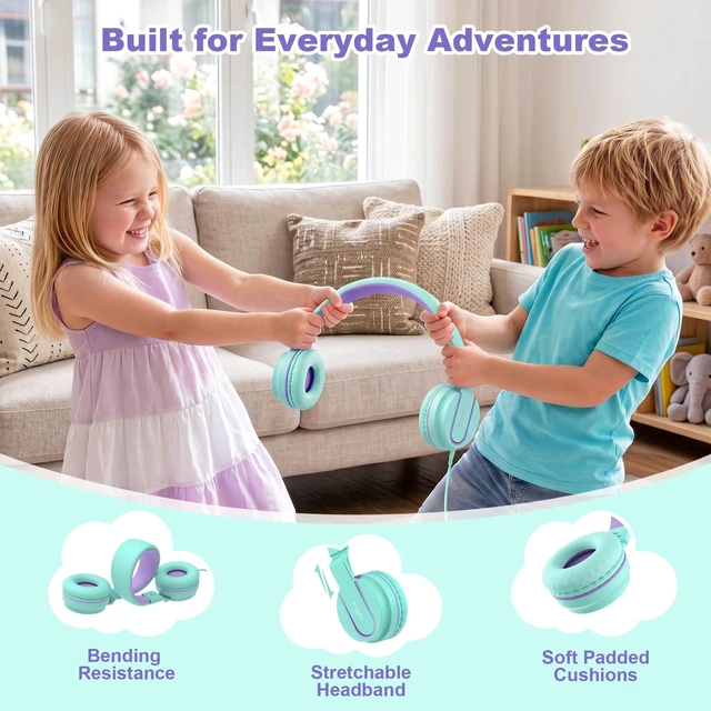 Alt view image 6 of 7 - I35 Kids Headphones for School with Mic, 93dB Volume, Green Purple Wired On Ear Headphones for Girls Boys, 3.5mm Foldable Lightweight for Classroom Chromebook, Laptop, Computer, Tablet
