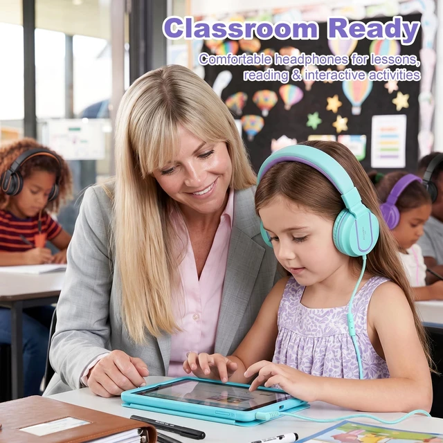 Alt view image 7 of 7 - I35 Kids Headphones for School with Mic, 93dB Volume, Green Purple Wired On Ear Headphones for Girls Boys, 3.5mm Foldable Lightweight for Classroom Chromebook, Laptop, Computer, Tablet