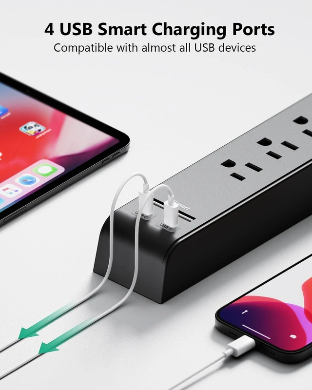 Alt view image 5 of 7 - 2 Pack 10Ft Extension Cord with Multiple Outlets, Flat Plug Surge Protector Power Strip with 6 Outlets 4 USB Ports, Wall Mount for Home Office, Dorm, Black