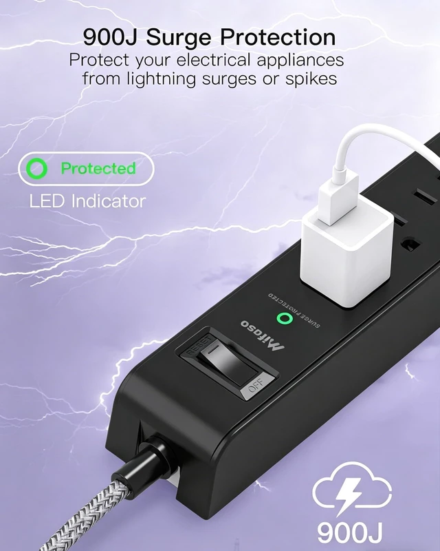 Alt view image 6 of 6 - 2 Pack 12FT Surge Protector Power Strip, Slim Flat Plug 6 Outlets 4 USB Charging Ports, Braided Extension Cord, Wall Mount for Home Office Dorm