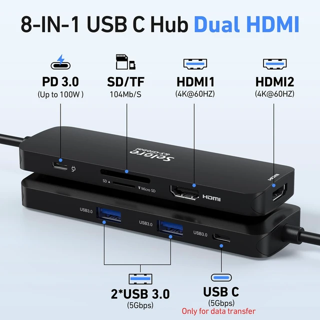 Alt view image 2 of 6 - USB C Docking Station Dual HDMI Monitor, USB C to Dual HDMI Adapter with 2HDMI Ports, PD Charging, SD/TF, USB A&C 3.0 Ports, Laptop Docking Station for Dell XPS/HP/Lenovo/Surface/Yoga etc(Black)