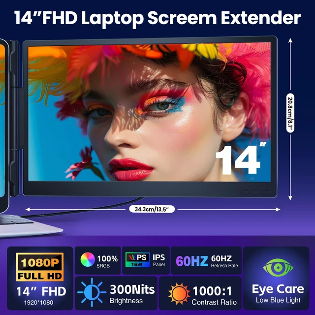 Alt view image 2 of 7 - Laptop Screen Extender 0.27" Ultra-Thin, 14" Dual Portable Monitor FHD 1080P IPS, USB-C/HDMI Plug & Play Travel Screen for 13-17" Laptops, Compatible with Wins/Mac/Chrome/Switch/Android