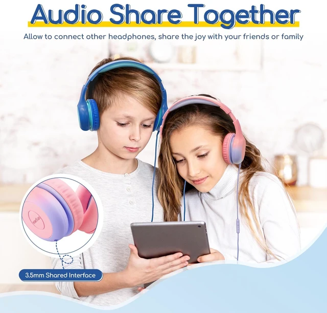 Alt view image 3 of 7 - K1 Kids Headphones Wired with Mic, USB Type C Headphone for Kids 85/94dB Volume Limit, Portable Wired Headphone with Shareport, Stereo Sound Foldable Headset for School/Toddler/Tablet, Pink