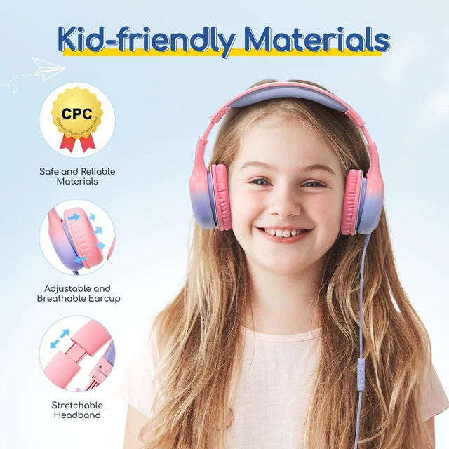 Alt view image 4 of 7 - K1 Kids Headphones Wired with Mic, USB Type C Headphone for Kids 85/94dB Volume Limit, Portable Wired Headphone with Shareport, Stereo Sound Foldable Headset for School/Toddler/Tablet, Pink