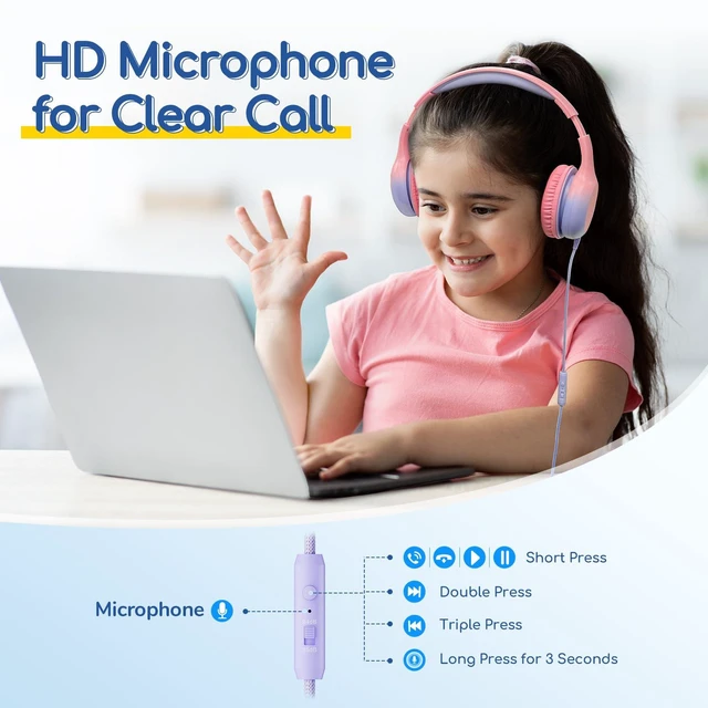 Alt view image 7 of 7 - K1 Kids Headphones Wired with Mic, USB Type C Headphone for Kids 85/94dB Volume Limit, Portable Wired Headphone with Shareport, Stereo Sound Foldable Headset for School/Toddler/Tablet, Pink