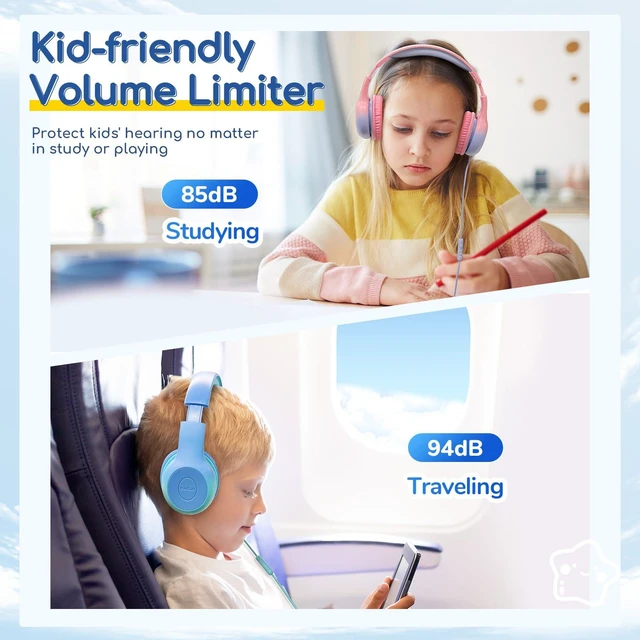 Alt view image 5 of 7 - K1 Kids Headphones Wired with Mic, USB Type C Headphone for Kids 85/94dB Volume Limit, Portable Wired Headphone with Shareport, Stereo Sound Foldable Headset for School/Toddler/Tablet, Pink
