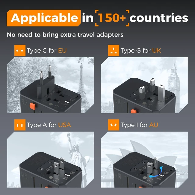 Alt view image 2 of 7 - Universal Travel Adapter, GaN 65W, Black International Power Adapter, 5 USB Ports (3 USB C), Worldwide Plug Adaptor