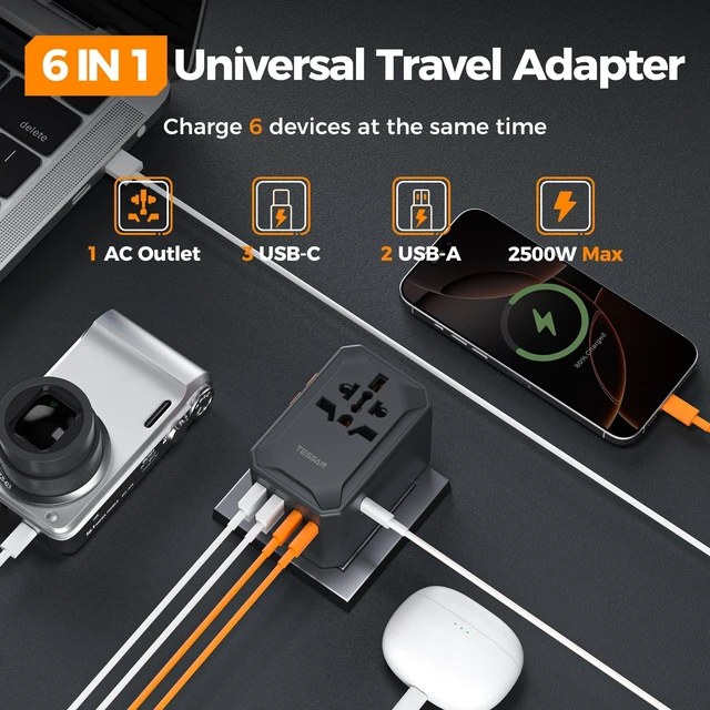 Alt view image 4 of 7 - Universal Travel Adapter, GaN 65W, Black International Power Adapter, 5 USB Ports (3 USB C), Worldwide Plug Adaptor