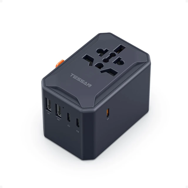 Main image of Universal Travel Adapter, GaN 65W, Black International Power Adapter, 5 USB Ports (3 USB C), Worldwide Plug Adaptor