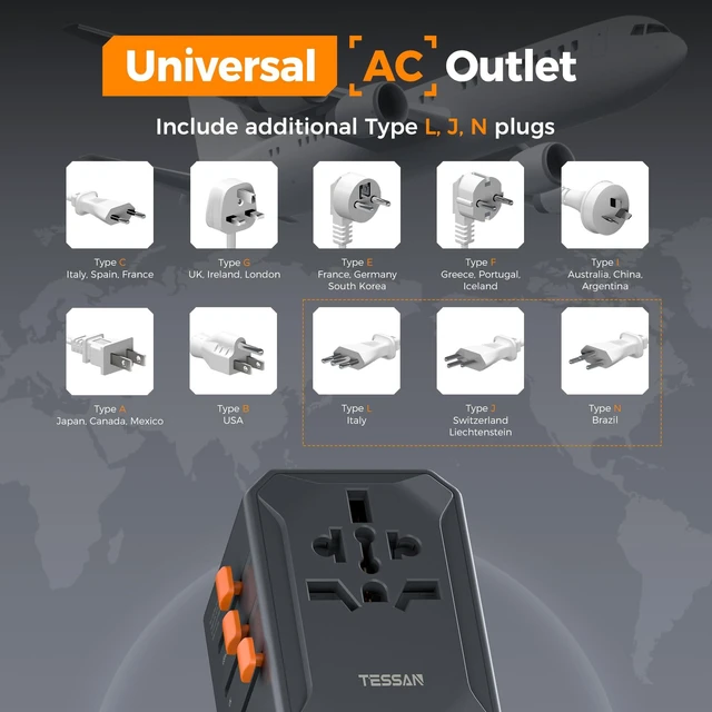 Alt view image 5 of 7 - Universal Travel Adapter, GaN 65W, Black International Power Adapter, 5 USB Ports (3 USB C), Worldwide Plug Adaptor