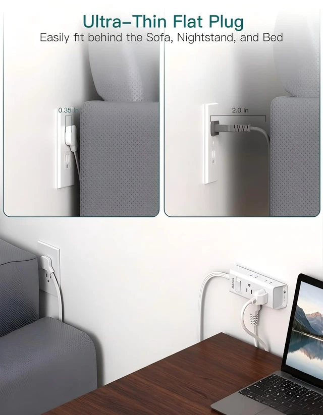 Alt view image 3 of 7 - Flat Plug Power Strip with 6 Outlet Extender, 25 FT Extension Cord Flat Wall Plug with Multiple Outlets, No Surge Protector for Cruise Ship, Travel, Dorm, Home Office, Cruise Essentials, White