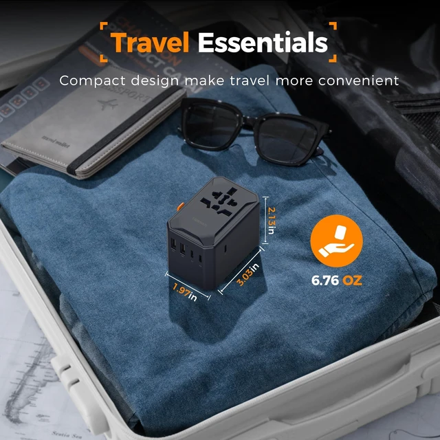 Alt view image 7 of 7 - Universal Travel Adapter, GaN 65W, Black International Power Adapter, 5 USB Ports (3 USB C), Worldwide Plug Adaptor