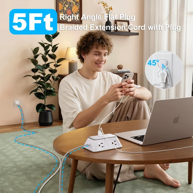 Alt view image 5 of 7 - Power Strip Extension Cord - 6 Outlets and 4 USB (2 USB C), 5FT Braided Cord with Ultra Thin Flat Plug, 3 Side Outlet Extender with Overload Protection, Travel, Cruise Ship, Dorm Room Essentials-ETL