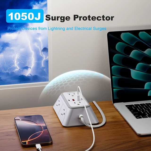 Alt view image 4 of 7 - Power Strip Extension Cord - 6 Outlets and 4 USB (2 USB C), 5FT Braided Cord with Ultra Thin Flat Plug, 3 Side Outlet Extender with Overload Protection, Travel, Cruise Ship, Dorm Room Essentials-ETL
