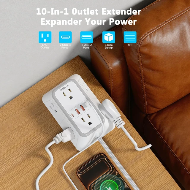 Alt view image 2 of 7 - Power Strip Extension Cord - 6 Outlets and 4 USB (2 USB C), 5FT Braided Cord with Ultra Thin Flat Plug, 3 Side Outlet Extender with Overload Protection, Travel, Cruise Ship, Dorm Room Essentials-ETL