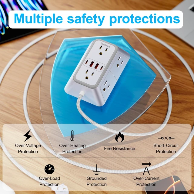 Alt view image 6 of 7 - Power Strip Extension Cord - 6 Outlets and 4 USB (2 USB C), 5FT Braided Cord with Ultra Thin Flat Plug, 3 Side Outlet Extender with Overload Protection, Travel, Cruise Ship, Dorm Room Essentials-ETL
