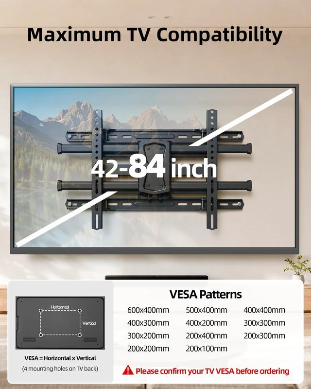 Alt view image 3 of 7 - UL Listed TV Wall Mount for 42"-84" TVs up to 110lbs and 8"-24" Wood Studs, TV Mount with Tilt, Swivel & Extension, Wall Mounts Bracket with Dual Articulating Arms, Max VESA 600x400mm