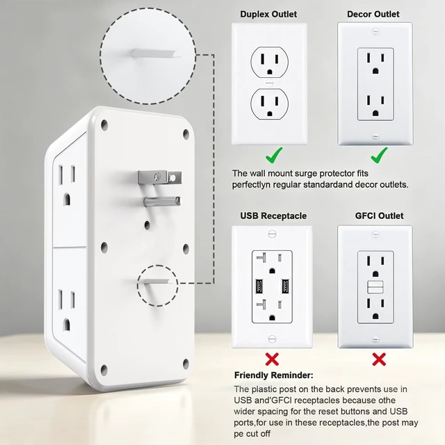 Alt view image 7 of 7 - Wall Outlet Extender with Night Light, Power Plug Adapter Multi Plug Outlet Surge Protector with 4 USB Charging Ports (2 USB C), Adapter Spaced Outlets for Home Travel Office-ETL