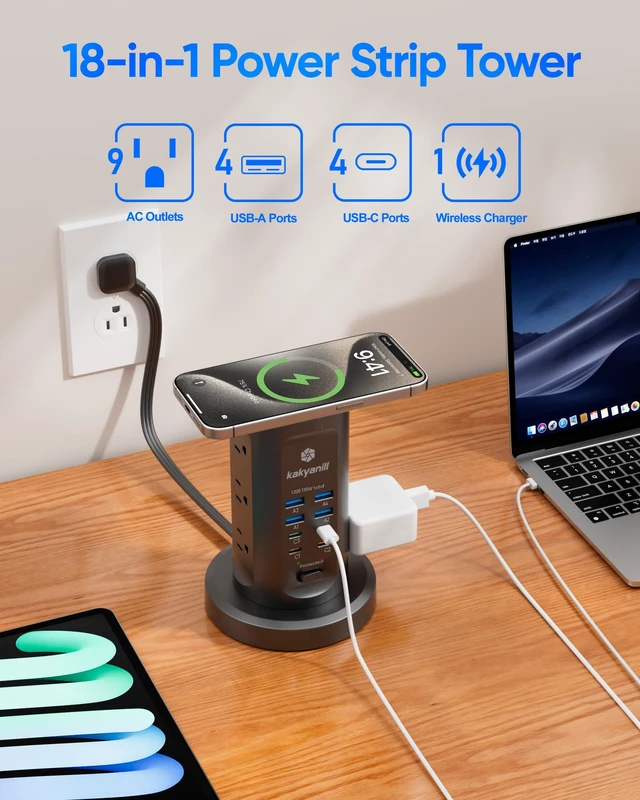 Alt view image 3 of 6 - Power Strip Tower, PD 65W Charging Station 9 AC Outlets 8 USB 6 Ft Retractable Extension Cord, 15W Wireless Charger, Black