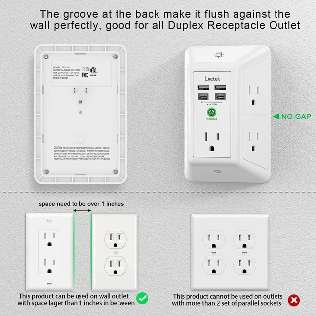 Alt view image 6 of 6 - Multi Plug Outlet Surge Protector - 3-Sided Power Strip with 5 Outlet Extender and 4 USB Ports(2 USB-C) and Night Light, USB Wall Charger for Home, Office, Travel, ETL Listed, White