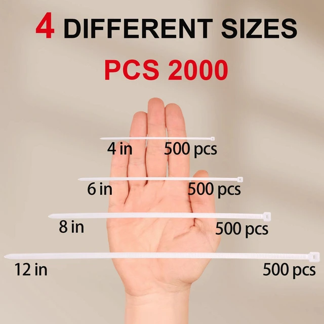 Alt view image 2 of 7 - Zip Ties Assorted Sizes 4+6+8+12 Inch, 2000 Pack, White Cable Ties for Multi-Purpose, Nylon/Plastic Wire Ties for Home Improvement, Office & Outdoor Use (Clear-Colored Style)