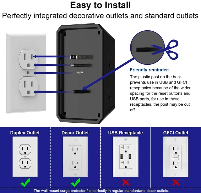 Alt view image 6 of 7 - Multi Plug Wall Outlet Surge Protector with 5 Outlet & 4 USB Ports(2USB-C) 3-Sided Outlet Extender with Night Light, Outlet Splitter for Home Office Dorm Room Essentials, ETL Listed, Black