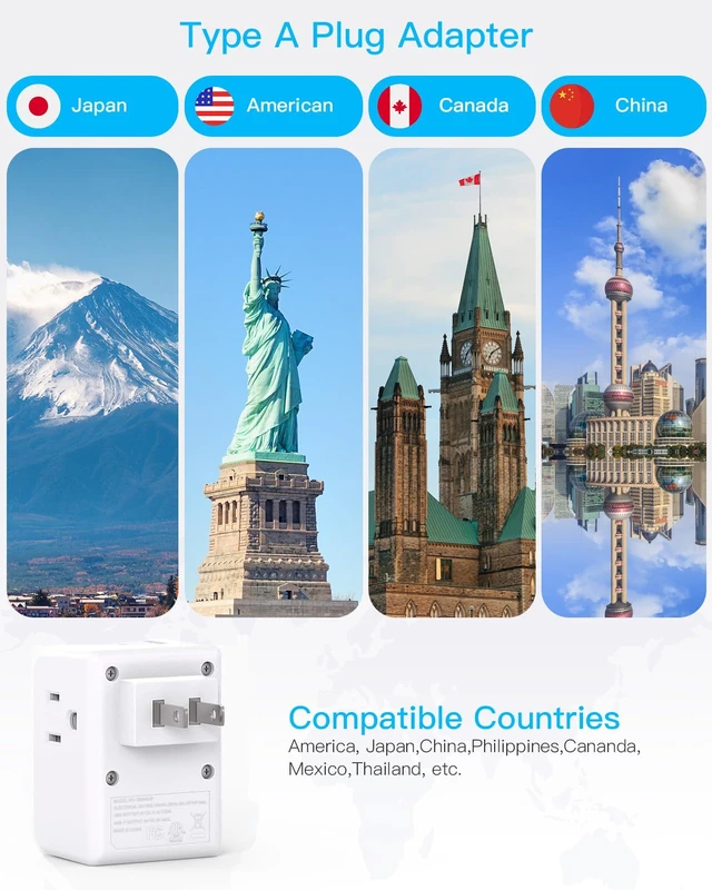 Alt view image 2 of 7 - 2 Pack US to Japan Plug Adapter, 2 Prong to 3 Prong Outlet Adapter 3 Outlets 4 USB Ports(2 USB C), Type A Travel Plug Adapter Power Converter for USA to Japanese Philippines Canada Mexico Peru