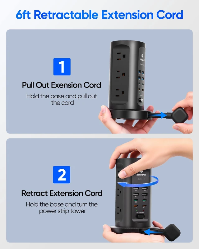 Alt view image 2 of 6 - Power Strip Tower, PD 65W Charging Station 9 AC Outlets 8 USB 6 Ft Retractable Extension Cord, 15W Wireless Charger, Black