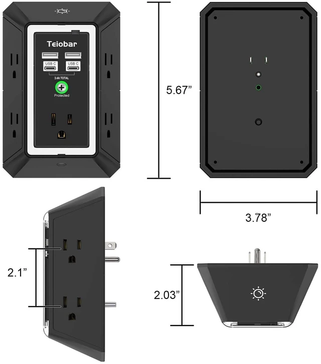 Alt view image 7 of 7 - Multi Plug Wall Outlet Surge Protector with 5 Outlet & 4 USB Ports(2USB-C) 3-Sided Outlet Extender with Night Light, Outlet Splitter for Home Office Dorm Room Essentials, ETL Listed, Black