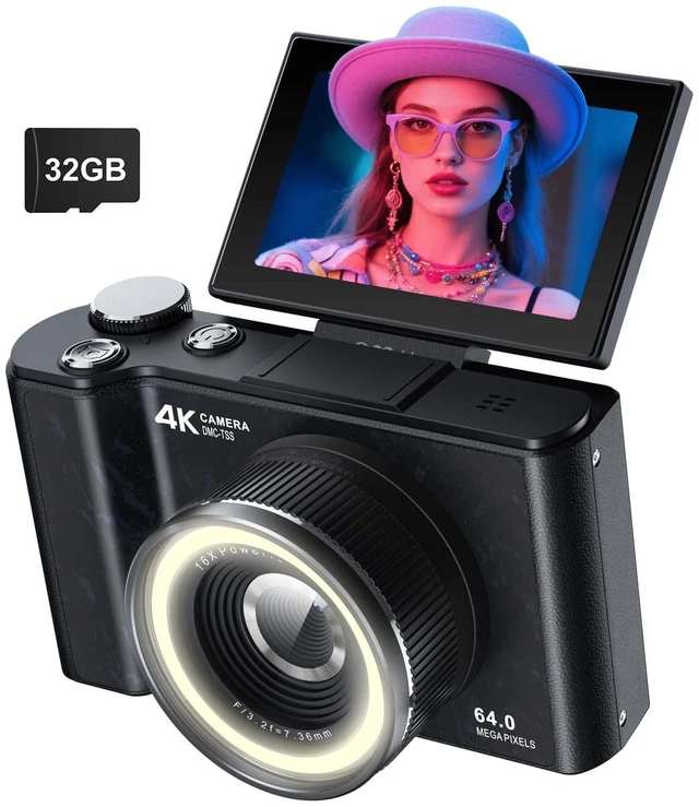 Main image of 4K Digital Camera for Photography,180°Flip Screen Kids Digital Camera 64MP Vlogging Camera for YouTube with SD Card,16X Zoom Autofocus,Point and Shoot digital cameras for Teens Beginner,Black
