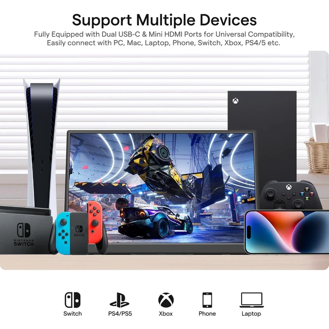 Alt view image 6 of 7 - Portable Monitor 14 Inch 1200P 60Hz IPS HDR Ultra-Slim Travel Monitor with Dual Speakers USB-C HDMI Second Screen for Laptop PC Mac Phone Xbox PS4/5 Switch, VESA Kickstand, Zero Frame Gaming