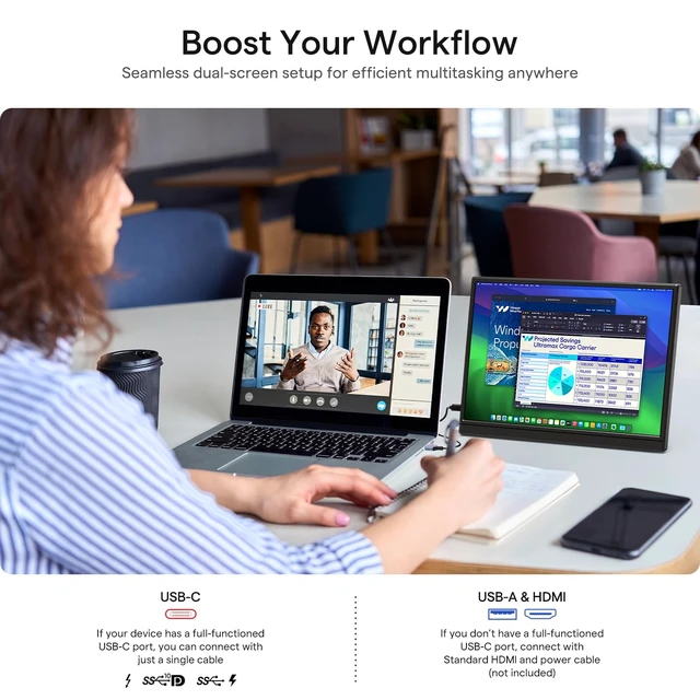 Alt view image 5 of 7 - Portable Monitor 14 Inch 1200P 60Hz IPS HDR Ultra-Slim Travel Monitor with Dual Speakers USB-C HDMI Second Screen for Laptop PC Mac Phone Xbox PS4/5 Switch, VESA Kickstand, Zero Frame Gaming