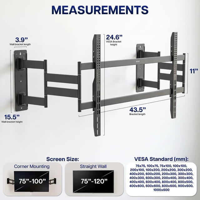 Alt view image 4 of 7 - Black Corner TV Wall Mount for 75-120 in Flat Screens, MOUNT-CR120C Sturdy Steel Dual Arm Design, Full Motion TV Mount for LCD LED Plasma Flat Screens, VESA up to 1000x600, Holds 275 lbs