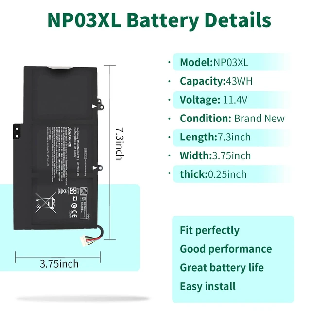 Alt view image 2 of 6 - 43Wh NP03XL 761230-005 Battery for HP Envy X360 15-U011DX 15-U010DX 15-U110DX 15T-U100 15T-U200 15T-U300 15-U111DX 15-U483CL 15-U493CL Pavilion X360 13-A010DX 13-A012DX 13-A013CL NPO3XL 11.4V