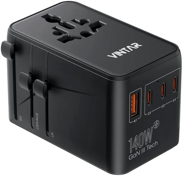 Main image of Universal Travel Adapter, 140W GaN Fast Charger for EU UK US AU 2 AC Outlets, 3 USB-C PD & 1 USB-A QC, International Power Adapter for 200+ Countries, Compatible with Laptops/Tablets/Phones