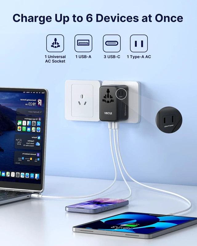Alt view image 3 of 7 - Universal Travel Adapter, 140W GaN Fast Charger for EU UK US AU 2 AC Outlets, 3 USB-C PD & 1 USB-A QC, International Power Adapter for 200+ Countries, Compatible with Laptops/Tablets/Phones