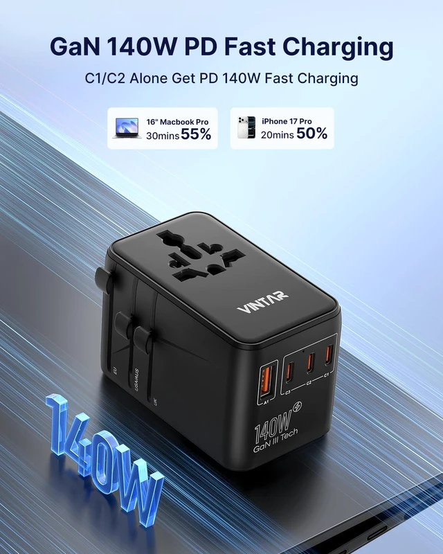 Alt view image 2 of 7 - Universal Travel Adapter, 140W GaN Fast Charger for EU UK US AU 2 AC Outlets, 3 USB-C PD & 1 USB-A QC, International Power Adapter for 200+ Countries, Compatible with Laptops/Tablets/Phones