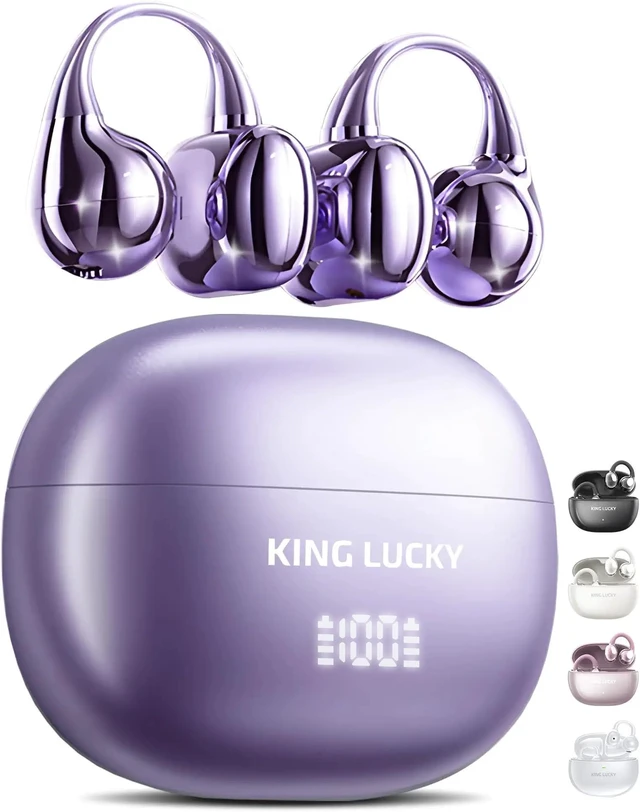 Main image of King Lucky Clip-On Earbuds Gen 3, Open-Ear Wireless Bluetooth 6.0 Headphones with Mic, Secure Fit for Small Ears & Glasses Wearers, 50H Playtime, LED Digital Display, ENC, IPX5 Waterproof (Purple)