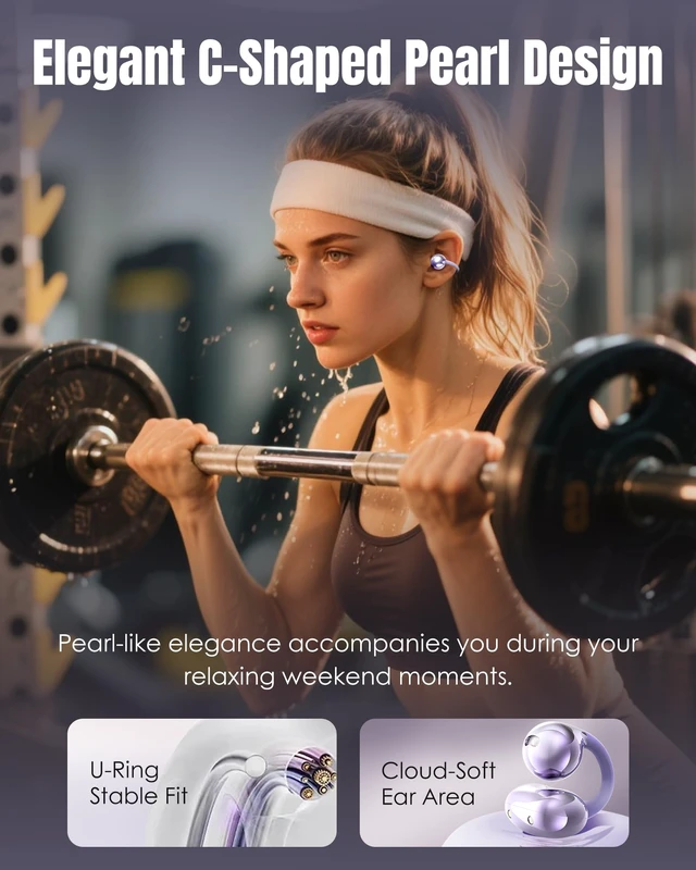 Alt view image 3 of 7 - King Lucky Clip-On Earbuds Gen 3, Open-Ear Wireless Bluetooth 6.0 Headphones with Mic, Secure Fit for Small Ears & Glasses Wearers, 50H Playtime, LED Digital Display, ENC, IPX5 Waterproof (Purple)