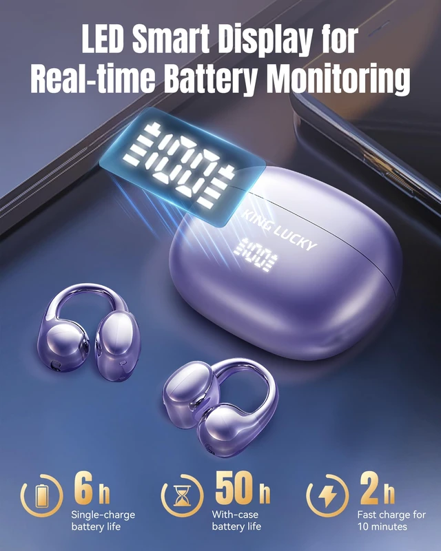 Alt view image 5 of 7 - King Lucky Clip-On Earbuds Gen 3, Open-Ear Wireless Bluetooth 6.0 Headphones with Mic, Secure Fit for Small Ears & Glasses Wearers, 50H Playtime, LED Digital Display, ENC, IPX5 Waterproof (Purple)