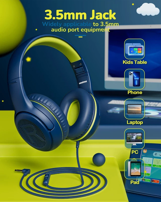 Alt view image 5 of 7 - AT2 2PCS Kids Headphones for School Travel, 85/94dB Safe Volume 3.5mm Jack, HD Mic, Portable Wired Headphone with Shareport, Stereo Sound On-Ear Headphones for Toddler Kids Girls Boys